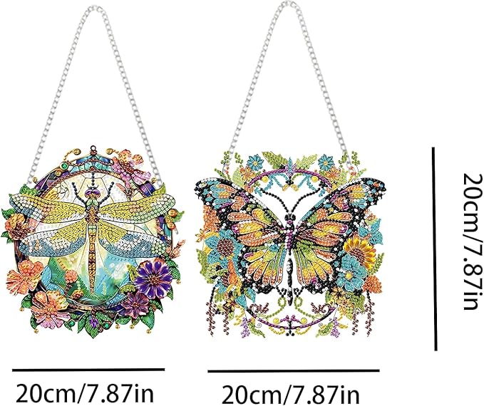 2 PCS Hanging Diamond Art Pendant Painting Kit Butterfly And Dragonfly, Special Crystal Gem Craft Painting Set ,Hanging Diamond Painting Art Wind Hanging for Home Window Door Decor(7.87X7.87 in)