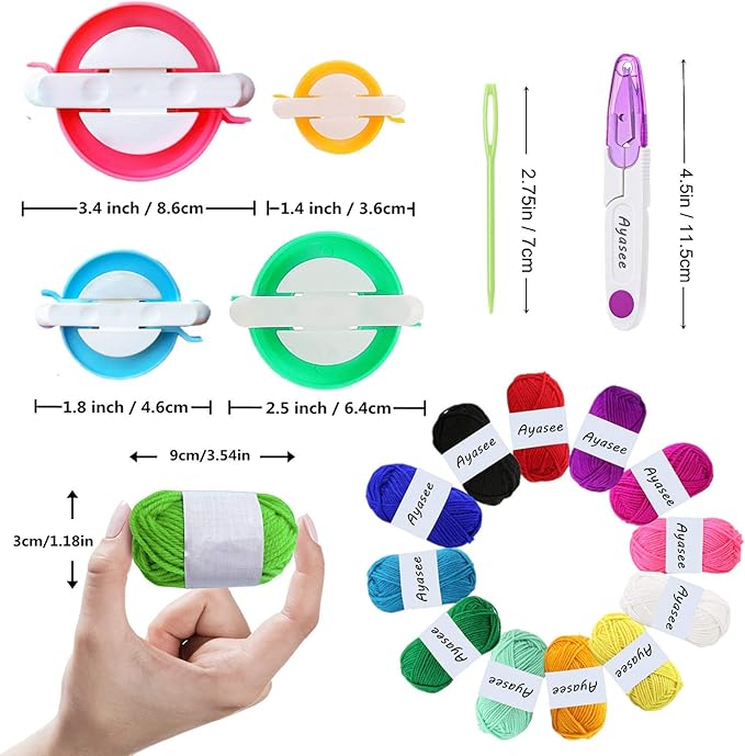Pompom Maker Kit, Knitting Loom Fluff Ball Weaver Needle Craft DIY Knitting Crochet Tool Kit,4PS Pompom Maker+10PS Knitting Stitch Markers+10PS Plastic Needles+12PS Acrylic Yarn+1PS Scissors(37b)