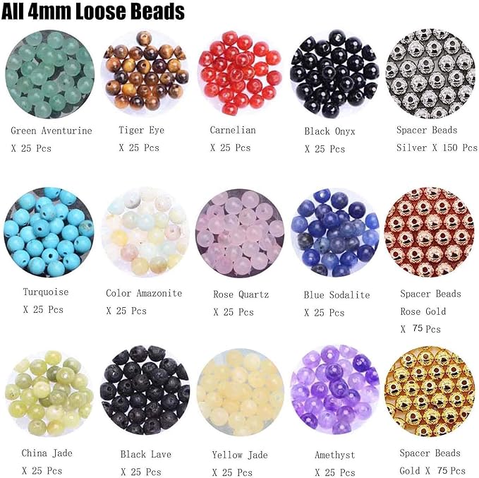 4mm natural mixed materials gemstones beads and brass tiny spacer round loose beads jewelry making kit with thread and needles 300pcs+300 pcs(12 natural 3 brass, 4mm)