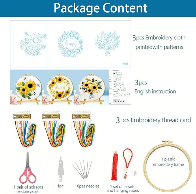 Zhenqing Sunflower Embroidery Kit 3 Designs | 11.4"x11.4" Beginner-Friendly Hand Embroidery Set with Hoop & DMC Threads | DIY Home Wall Decor, Mindful Gift for Mothers Day C0005