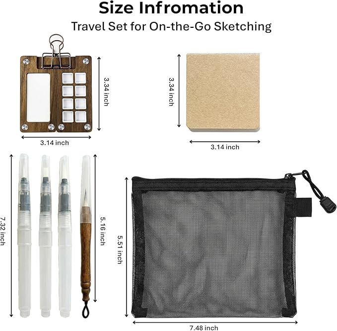 Mini Travel Watercolor Paint Set, All‑In‑One Portable Pocket Paint Kit with Walnut Wood Palette, 24 Watercolor Colors, 3 Water Brushes, Chinese Calligraphy Brush, Sketchbook and Organizer Pouch, Gift for Beginners and Art Lovers