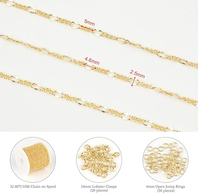 KYUNHOO 32.8FT/10M Brass Curb Link Chain Bulk Light Gold Necklace Chain for Jewelry Making Bracelet Making Supplies with Jewelry Clasps for Women DIY