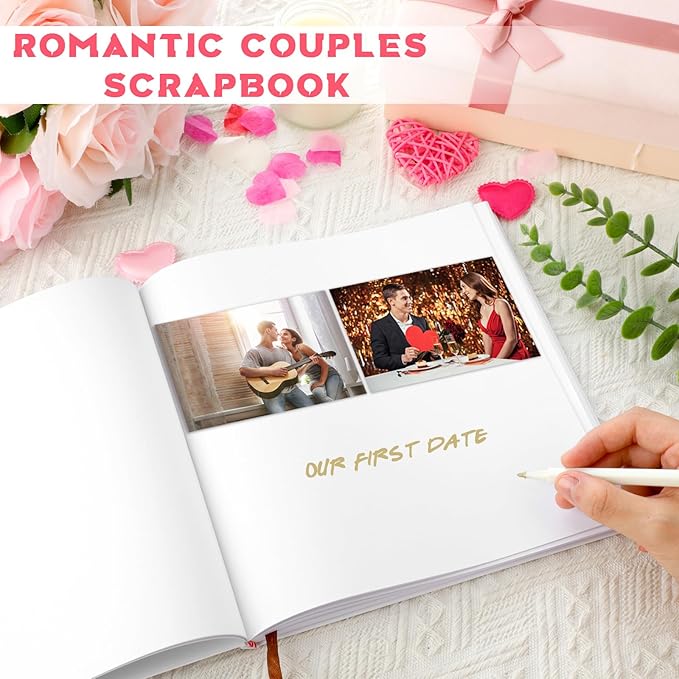 Colarr Hardcover Couples Scrapbook 144 Pages 8.7 x 8.7" Couples Photo Album Scrapbook Relationship Journal for Memory Book Gift for Wedding with 2 Markers(White,One Year)