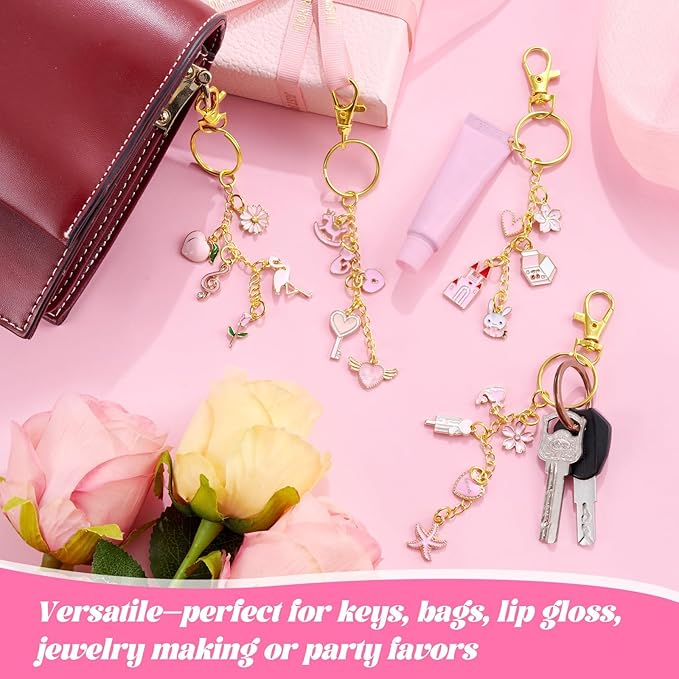 PYURTHITY 254 Pcs Pink Charms Lip Gloss Keychain Making Kit Include Pink Gold Enamel Charms Keychain Clips Extender Chains Jump Ring Plier DIY Jewelry Crafts Gifts for Women Adults