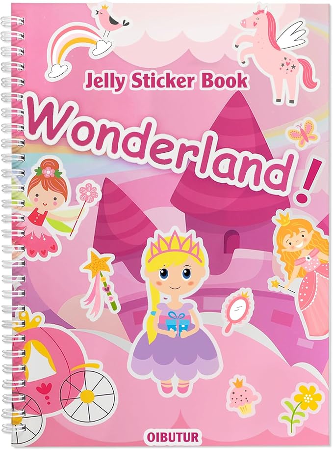 oibutur jelly sticker books for toddlers 2-4 years, reusable sticker book for kids 1-3, toddler stocking stuffers＆travel essentials princess stickers for kids toddler plane activities (wonderland)