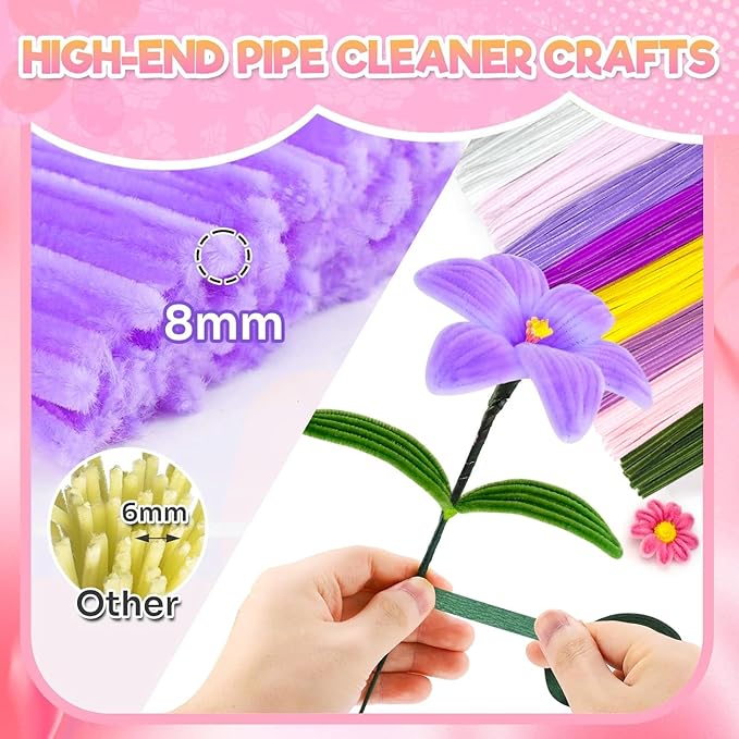 985-Piece Jumbo Size Premium Muti-Color Pipe Cleaner Craft Kit with Floral Supplies - Chenille Stems, Flower Wires, Stamens & Video Tutorial for Wedding Decorations (Purple Pink Set, Jumbo Craft Set)