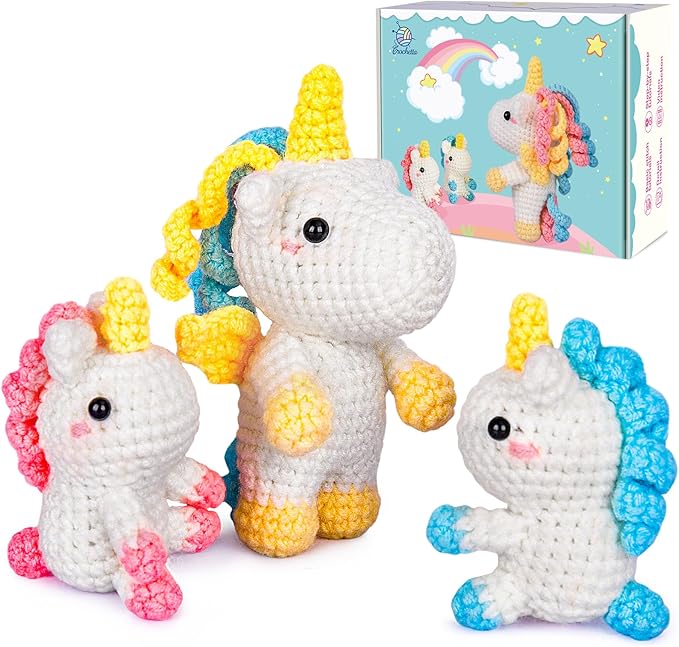 Crochetta Crochet Kit for Beginners, Amigurumi Crocheting Animals Kits w Step-by-Step Video Tutorials, Knitting Starter Pack for Adults and Kids, Jumbo 3 Unicorn Familly (40%+ Yarn Content)
