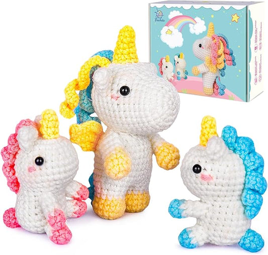 Crochetta Crochet Kit for Beginners, Amigurumi Crocheting Animals Kits w Step-by-Step Video Tutorials, Knitting Starter Pack for Adults and Kids, Jumbo 3 Unicorn Familly (40%+ Yarn Content)