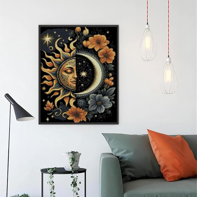mybisymqq stamping cross stitch kit sun and moon, round counting cross stitch kit for adult beginners, full line diy cross stitch stitching kit for home decor cross stitch patterns 11.8x15.7inches