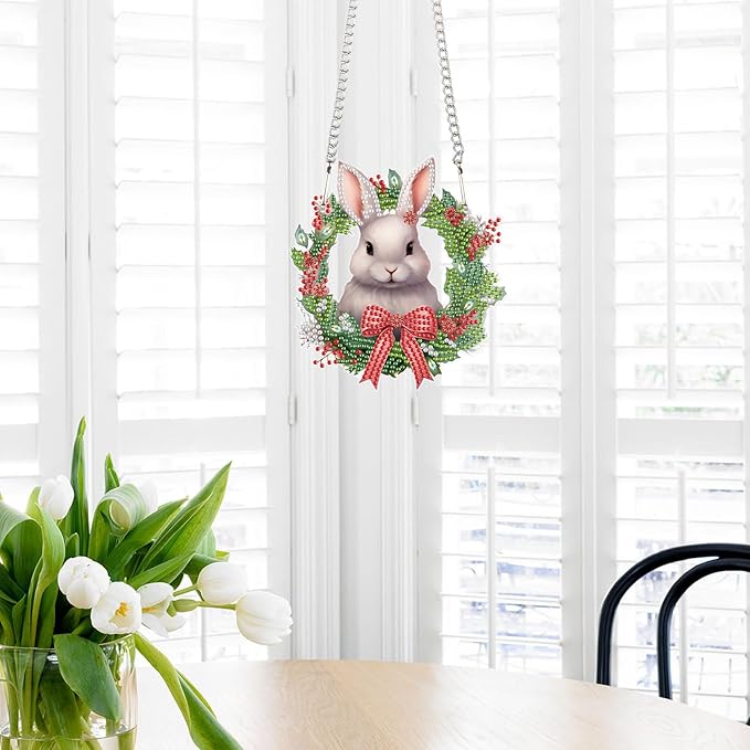 Tontut Bunny Diamond Painting Hanging, Easter Special Shape Diamond Painting Kits, Acrylic Crafted Diamond Art for Home Wall Garden Decoration