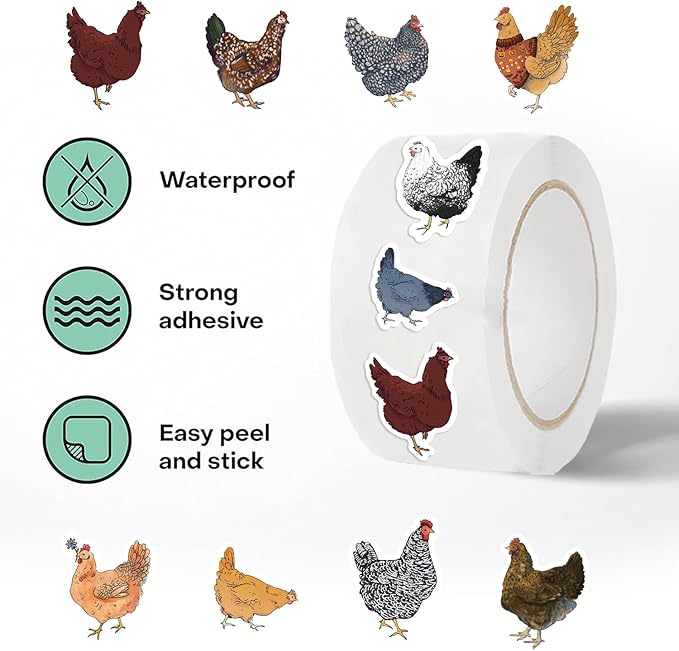 1000pcs chicken stickers roll, 2 rolls 10 styles cute hen and farm stickers, waterproof vinyl decals for water bottles laptops scrapbooking party favors classroom rewards