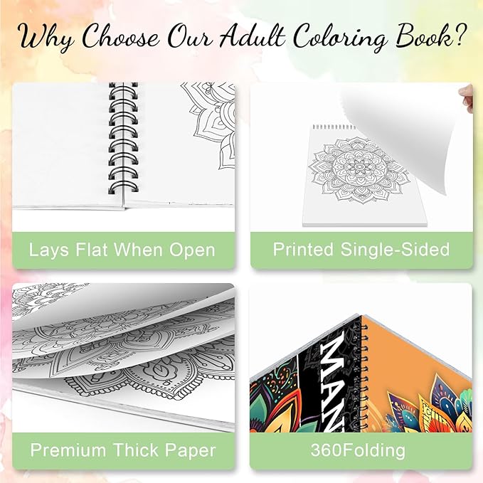 3Pcs Coloring Books for Adults Relaxation, Adult Coloring Books for Women Spiral Bound Printed On One Side, Mindfulness Gifts with 72 Patterns for Women to Relax(Mandala & Garden & Cottage)