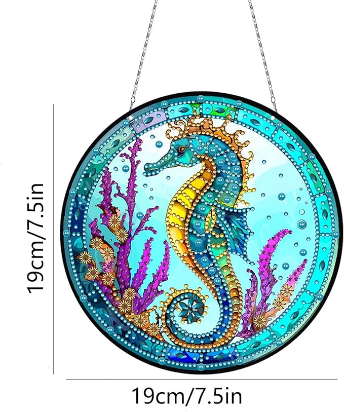 Generic DIY Hanging Diamond Pendant Special Shaped Crystal Diamond Art Painting Ornament Single Sided for Window Home Garden Wall Door Decor-Seahorse