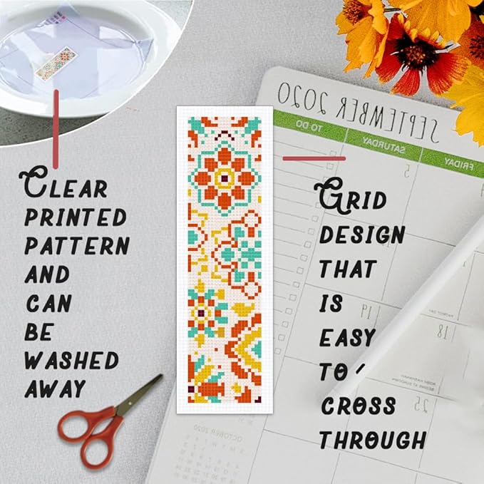 BEUNITONE 6 Pcs Mandala Cross Stitch Bookmark Kits for Beginners DIY Stamped Embroidery Bookmark Kit Colorful Floral Punch Needle Set with Instructions Craft Kit for Book Lover Gifts 8''x2.4''
