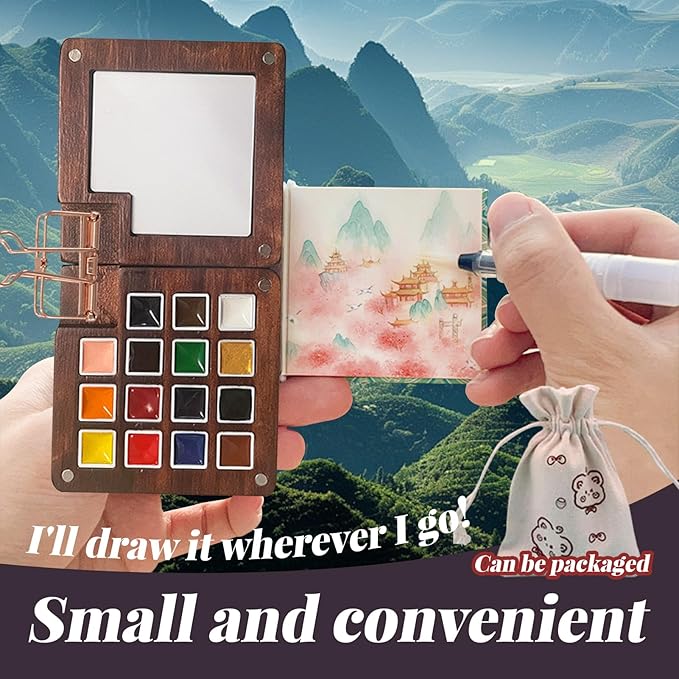 15 Gauge Acrylic Mini Palette, Mini Watercolor Palette Set, Pocket Artist Watercolor Travel Set, Portable Watercolor Palette Box Set with Brushes, Clips, Sketchbook, Paints, Storage Bag (C)