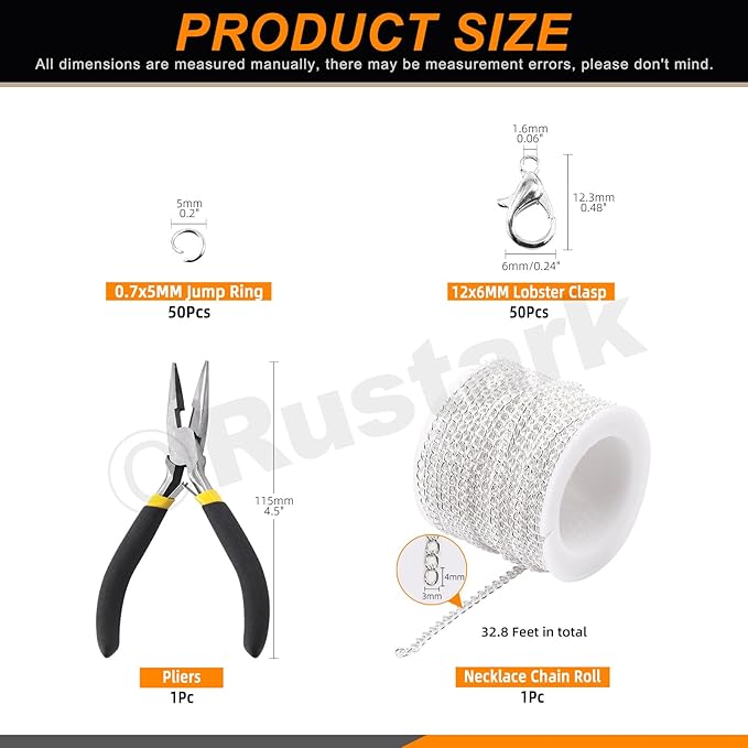 Rustark 102Pcs 4mm 30 Feet Silver Jewelry Making Chains Kit Thin Necklace Bracelet Chain Twisted Links Curb Chain with Jump Rings Lobster Clasps and Pliers for Bracelet Necklace Jewelry Making