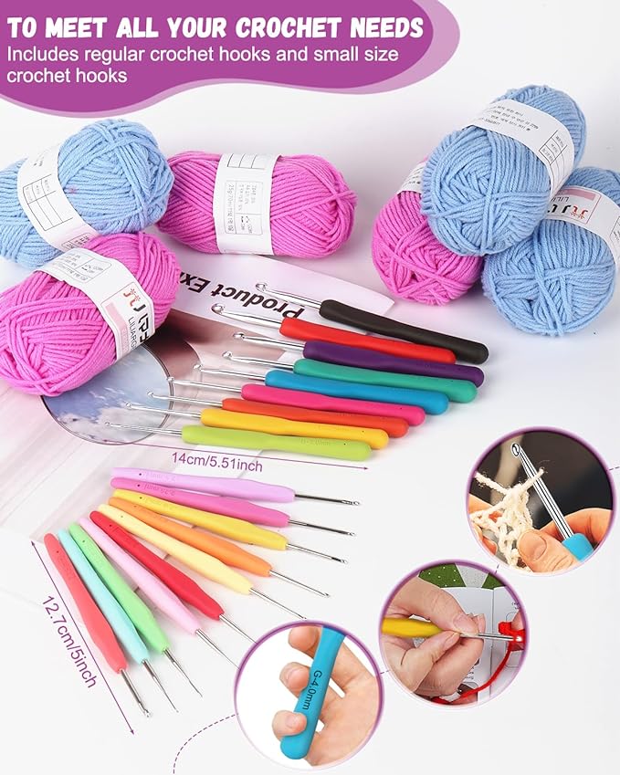 coopay crochet kit for beginners, 50pcs crochet starter kit w small ergonomic crocheting hooks, protable bag, acrylic yarn for crocheting, knitting supplies -learn to crocheting complete crochet kit