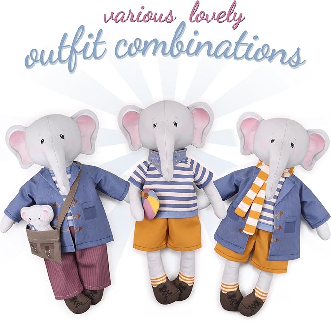 kullaloo Cut & Sew Fabric Panel – Elephant Doll Sewing Kit for Teens & Adults ✦ Intermediate DIY Plush Project with Clothes ✦ Dress Me Bestie Eddy