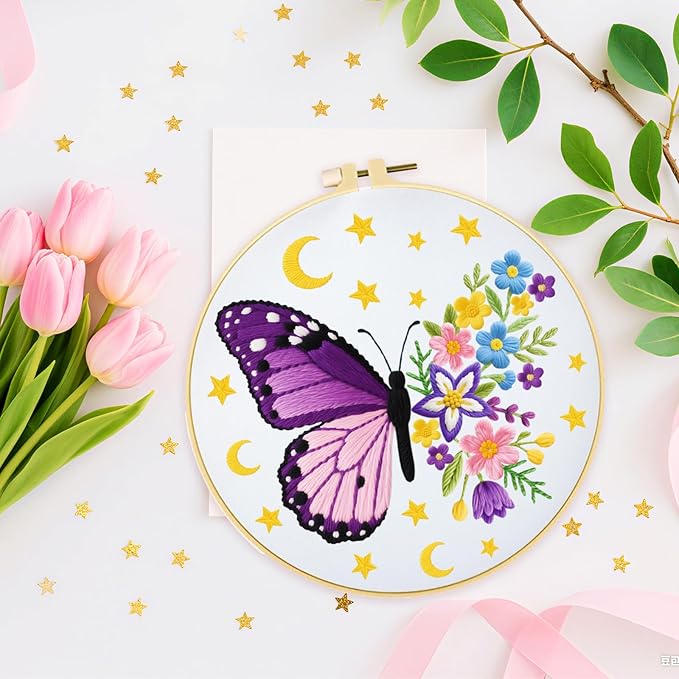 ORIGACH 6 Pack Butterfly & Flower Wreath Embroidery Kits for Beginners, DIY Starter Hand Embroidery Kit with Floral and Butterfly Patterns and Instructions for Adults Women Crafting