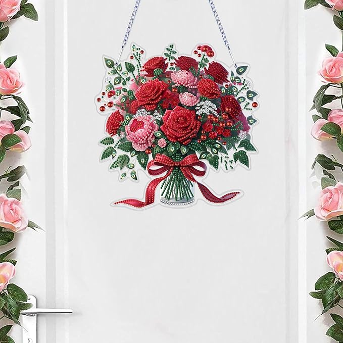 VODAPYC Mother's Day Rose Diamond Art Hanging Kits for Adults, DIY Acrylic Double Sided Special Shaped Diamonds Art Window Pendant Ornament(Red Rose Flower)