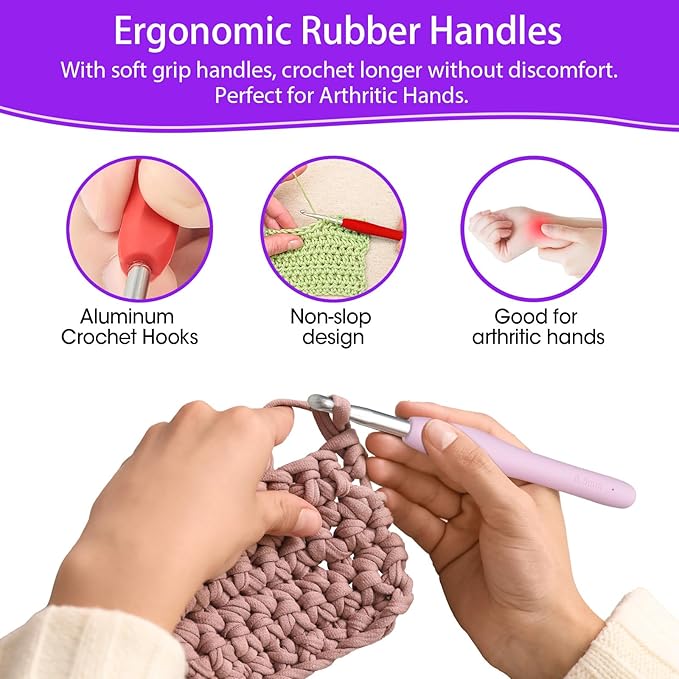 Crochet Hooks RealPlus 14 Pcs 2mm(B)-10mm(N) Ergonomic Crochet Hook Set for Arthritic Hands, Crochet Kit for Beginners with Soft Grip, Large Crocheting Needles with Purple Case