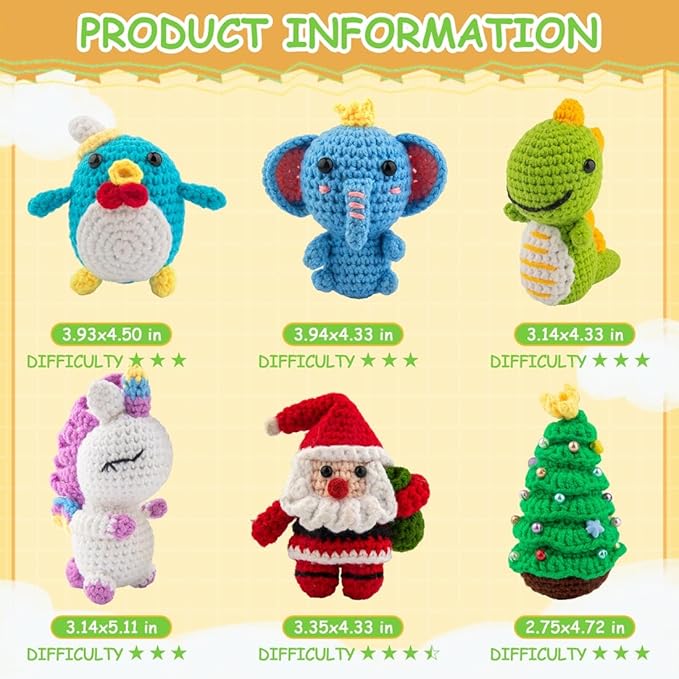 KIECIK 6Pcs Crochet Kit for Beginners, Knitting Kit for Adults, Crochet Animal Kits with Step by Step Videos Tutorials, Knitting Kit Great Birthday Holiday Gift, DIY Keychain Pendants (Set-01)