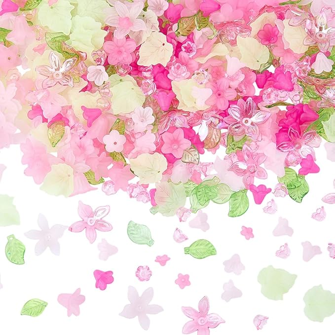 500Pcs Acrylic DIY Flower Leaf Beads Kits Including Assorted Pink Flower Loose Beads Maple Leaf Pendants Charms Acrylic Floral Caps for Earring Bracelet Necklace Craft Jewelry Making