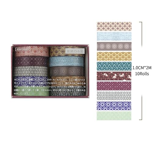 10 Rolls Skinny Washi Tape Set Texture Arts Adhesive Tapes Basic Patterns Decorative Masking Tape Sets for Craft, Kids, Scrapbook, DIY, Gift Wrapping (Style Four)