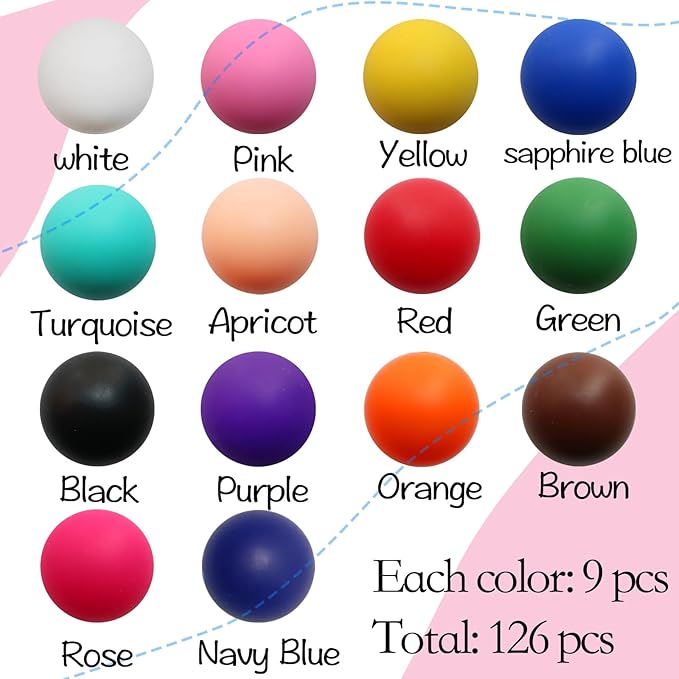 126pcs Richbunnys 15mm Bulk Silicone Beads for Pens and Keychain Making,Large Bead for Necklace and Bracelets Making,Assorted Rubber Beads Set for Crafts(Mixcolored)