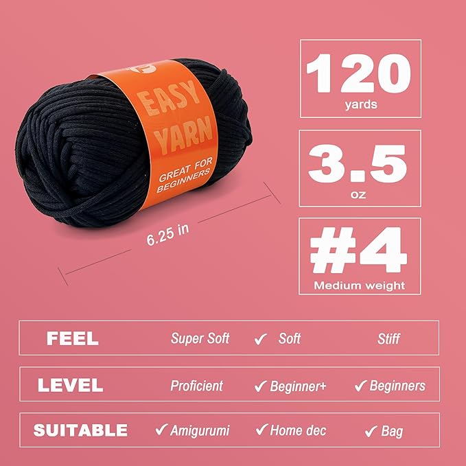 2x3.5Oz Beginner-Friendly Yarn for Crocheting and Knitting;Worsted-Weight Medium #4;Cotton Blend Yarn for Beginners with Easy-to-See Sitches,Great for Amigurumi DIY (Black, 2 Skein)