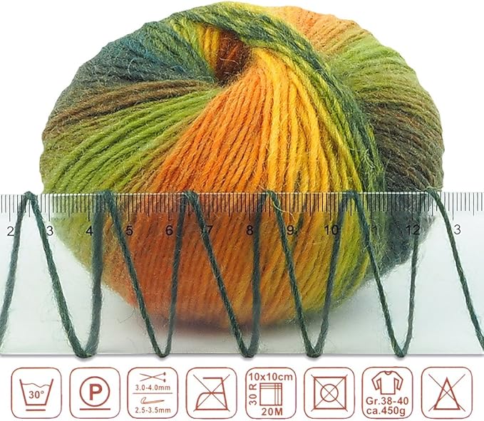 2 Skeins Rainbow Soft Yarn 100% Wool Gradient Multi Color Yarn for Crocheting Knit Total Length 180m×2(196yds×2,50g×2)-4