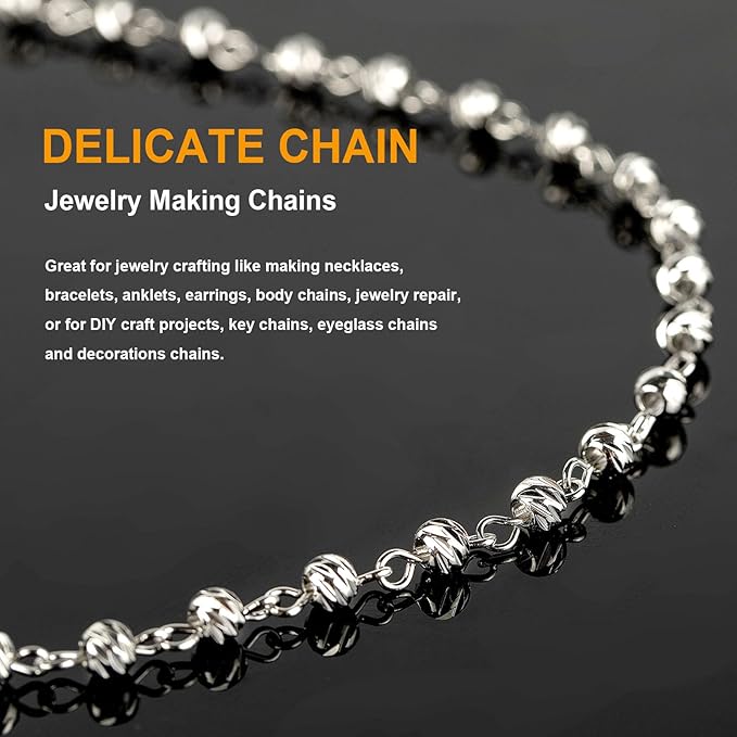 KYUNHOO 3.3 Yard Silver Ball Bead Chain for Jewelry Making Solid Copper Chain Roll with Lobster Claps and Jump Rings Rosary Chain for Women Bracelet Necklace DIY Jewelry Supplies