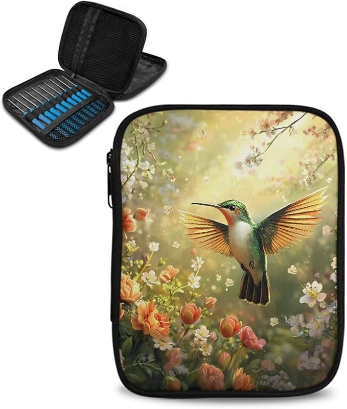 Hechitok Hummingbird Flower Crochet Hook Case, Zipper Storage Organizer Bag with Web Pockets for Crochet Needles/Knitting Accessories/Crochet Hook Kit Tools Easy to Hold