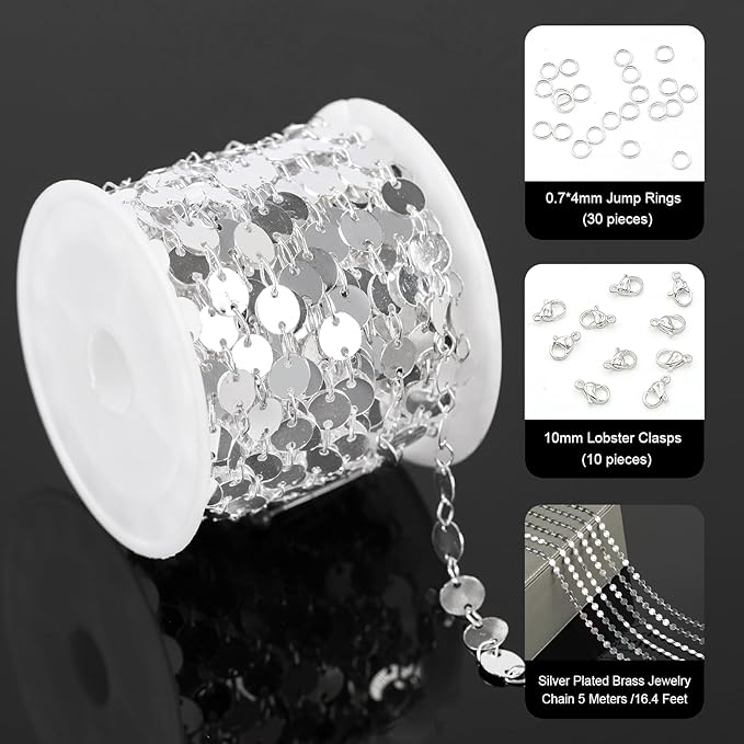 YOUBEIYEE 16.4 Feet Silver Sequin Chains for Jewelry Making Silver Plated Brass Jewelry Chain Roll with Jump Rings and Lobster Clasps