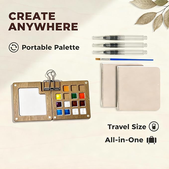 Mini Watercolor Paint Set - Mini Paint Palette Travel Kit, Portable Artist Palette Sets with 24 Colours, 2 Books, Pens, Binder Clips, Storage Bag, Watercolor Travel Kit for Beginners, Artists & Painting Enthusiasts (15 Grids)