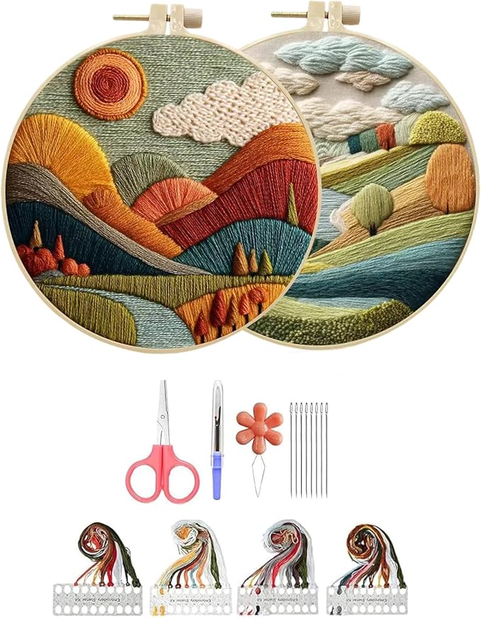 Hzkokon 2 Pack Embroidery Kit for Beginners Adults Cross Stitch Kits Hand Embroidery Kit Includes Stamped Flower Pattern, Hoop, Color Threads,Tools & Follow Instruction