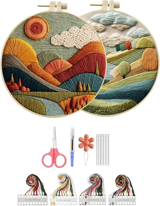 Hzkokon 2 Pack Embroidery Kit for Beginners Adults Cross Stitch Kits Hand Embroidery Kit Includes Stamped Flower Pattern, Hoop, Color Threads,Tools & Follow Instruction