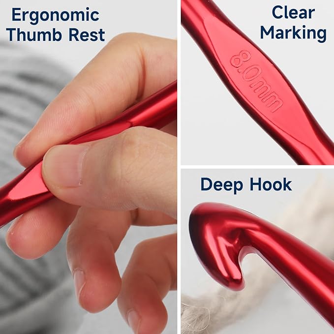 7PCS Ergonomic Crochet Hooks Set, Jumbo Ergonomic Metal Crochet Needles (6.5-15mm), Crochet Hook Set for Chunky Yarn, Blankets, Rugs, Crochet Hooks for Beginners & Adults