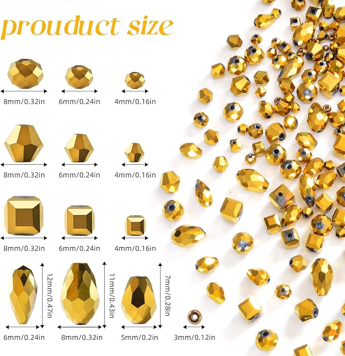 1500 Pcs Crystal Glass Beads for Jewelry Making – 12 Styles Bicone, Rondelle, Cube, Teardrop & 3mm Spacer Beads, DIY Bracelet Necklace Earring Craft Kit Random Colors(Coffee Gold)