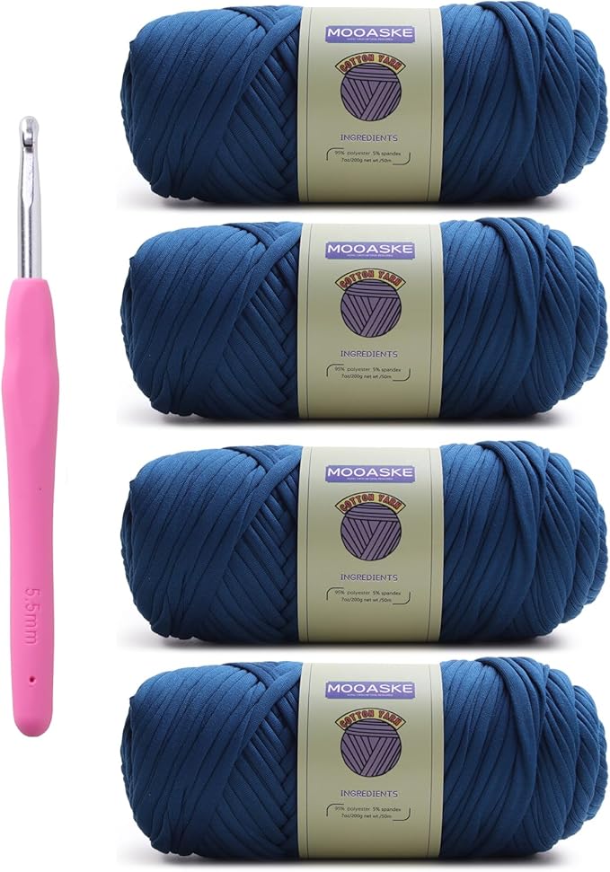 4 Pack T-Shirt Crochet Yarn for DIY Knitting Crochet Cloth Blanket Bag Dolls - 800g Chunky Thick Yarn for Crocheting with Polyester-Spandex Blend Elastic Fabric (Denim Blue)