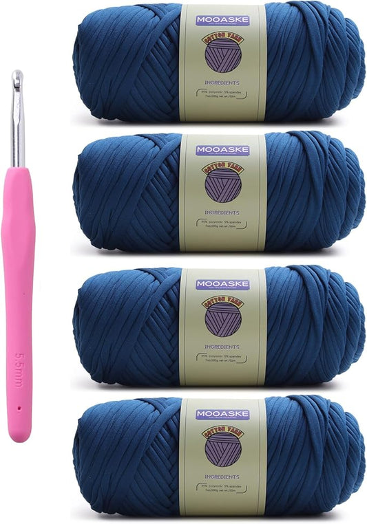 4 Pack T-Shirt Crochet Yarn for DIY Knitting Crochet Cloth Blanket Bag Dolls - 800g Chunky Thick Yarn for Crocheting with Polyester-Spandex Blend Elastic Fabric (Denim Blue)