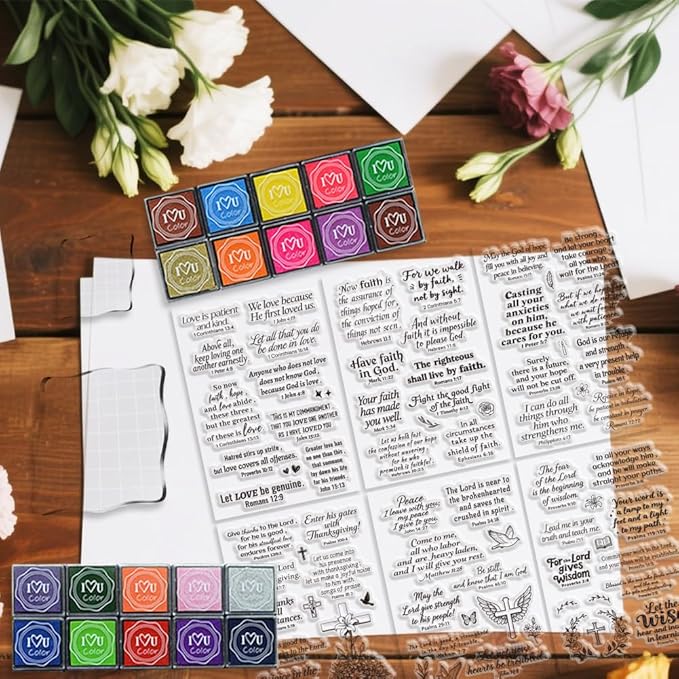 6Pcs Christian Bible Verse Clear Stamps for Card Making Easter Blessing 20 Craft Ink Pad 3 Acrylic Stamp Block Silicone Stamp with Greeting Words Rubber Stamps for Crafting DIY Scrapbooking