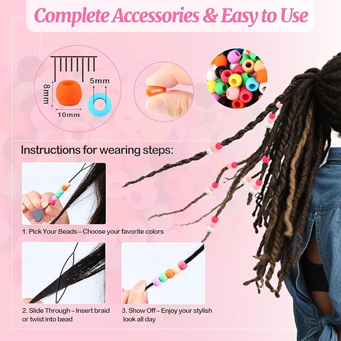 AD Beads 216PCS 6x9mm Soft Pony Silicone Beads for Hair, Pink Series with 80 Elastic Bands, Tool and Storage Box Kit for Braids, Bracelet, Crafts.