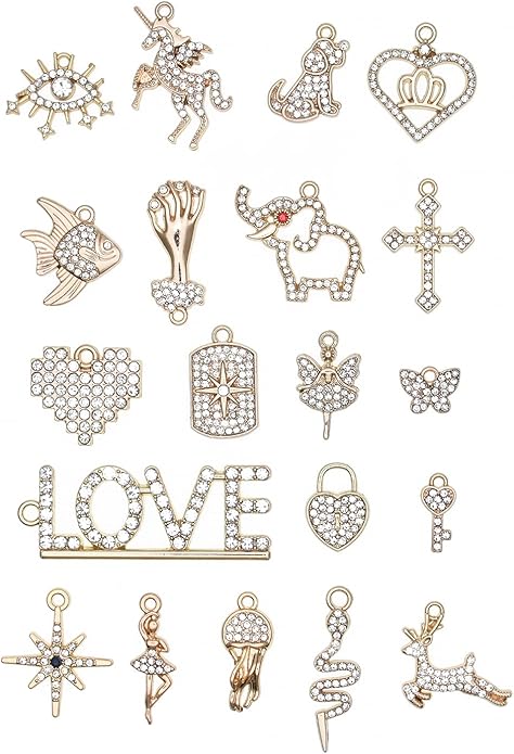 Pack of 20 Rhinestone Charms Gold Plated Pendants Pave Crystal Accessories for Necklace Bracelet Jewelry Making DIY Crafting