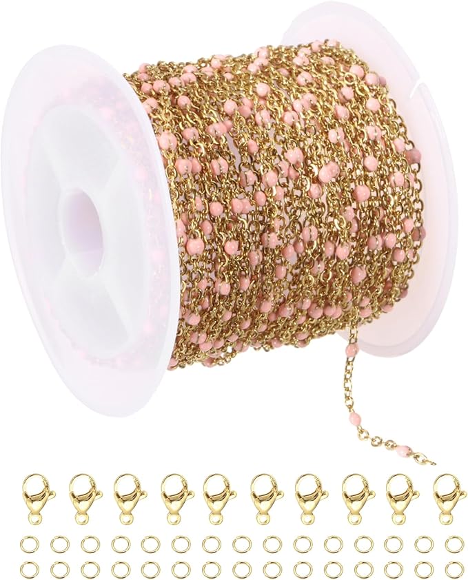 MECCANIXITY Stainless Steel Bead Chain, 16.4 Feet/5M Enamel Beaded Jewelry Link Cable Chains Spool Kit for Jewelry Making, Necklace, Bracelets, DIY Crafts (Gold/Pink, Pack of 1)