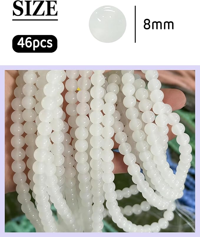 8mm Glass Beads 46PCS Glass Beads for Jewelry Making Charm Round Loose Bead for Bracelet Making Kit (White Jade)