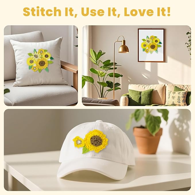 htvront 3d embroidery kit for beginners- sunflower embroidery kits with step-by-step video tutorials, 3d art finished with 5 stitches, beginner embroidery kit for adults for denim jackets, home decor