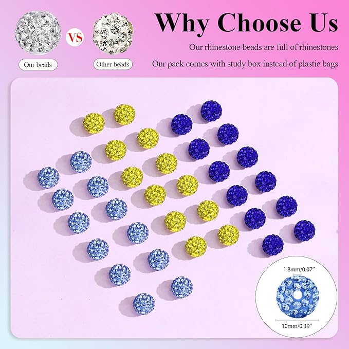 Dowarm 255PCS 10mm Rhinestone Beads for Baseball Rhinestone Necklace Bracelet Jewelry Making, Round Polymer Clay Beads for Crafts Beaded Pen, DIY Shamballa Pave Disco Bead, Ice Blue|Blue|Yellow