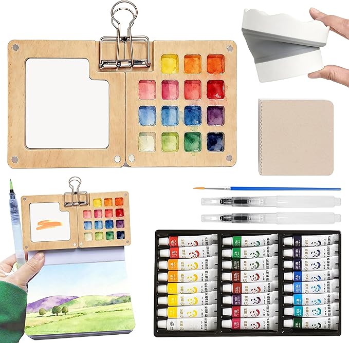 Mini Watercolor Paint Set, Portable Travel Watercolor Kit with 24 Colors, 3 Brushes, Sketchbook and Copper Clip, Pocket Art Supplies for Beginners, Artists, Painting Enthusiasts