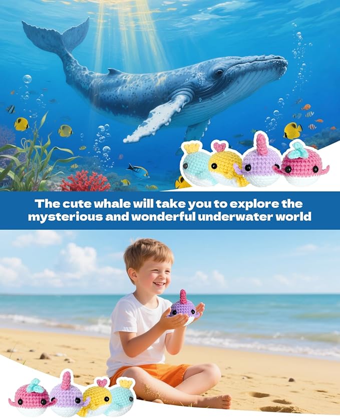 Fortilo Crochet Kit for Beginners 4PCS Colored Whale Crochet Animals with Step-by-Step Video Tutorials 30% Extra Yarn, Perfect for Gifts, Emotional Support, Ideal Knitting Kit for Adults, Kids